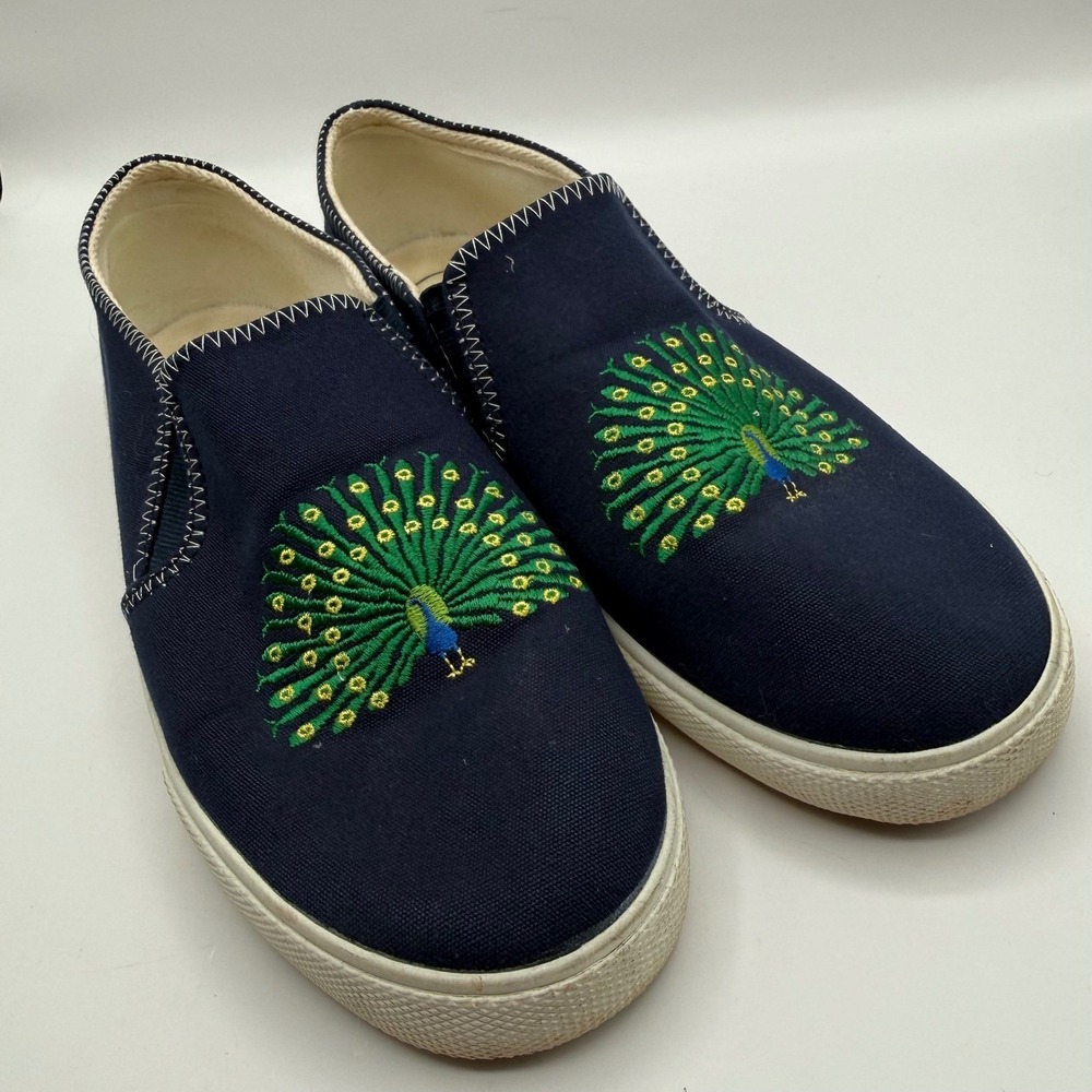 Jack Rogers Navy Canvas Peacock Embroidered Slip On Sneakers Shoes Womens 8M
